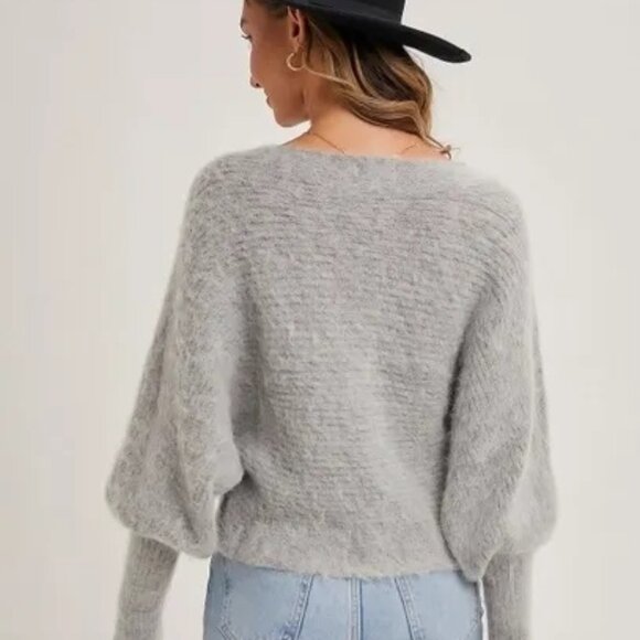 CLEAR OUT!!! Boat Neck Dolman Sleeve Ribbed Fuzzy Knit Sweater - Picture 3 of 10